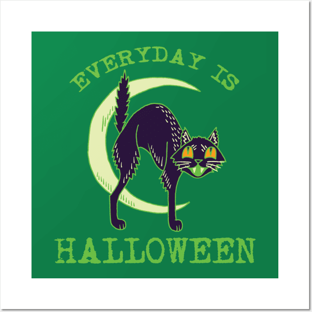 Everyday Is Halloween - Kitschy Cute Vintage Green Halloween Cat Wall Art by FatCatSwagger